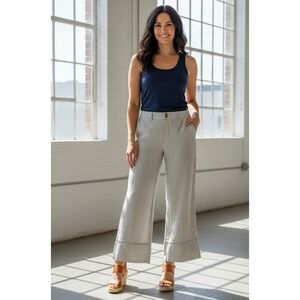 J. Jill Cropped Pants Womens Small Gray White‎ Linen Striped Cuffed Hem Wide Leg